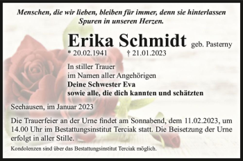 Traueranzeige von Erika Schmidt (geb. Pasterny)  von Magdeburger Volksstimme