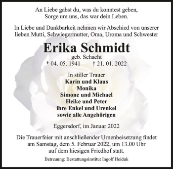 Traueranzeige von Erika Schmidt (geb. Schacht)  von Magdeburger Volksstimme