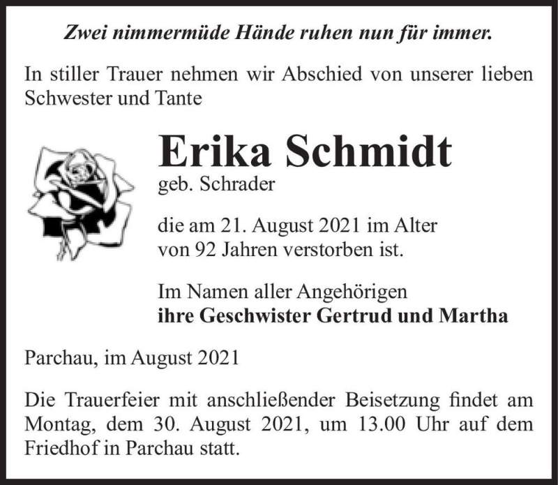  Traueranzeige für Erika Schmidt (geb. Schrader)  vom 28.08.2021 aus Magdeburger Volksstimme