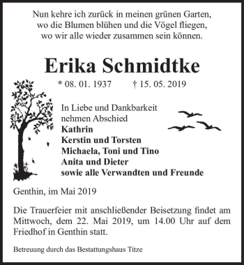 Traueranzeige von Erika Schmidtke  von Magdeburger Volksstimme