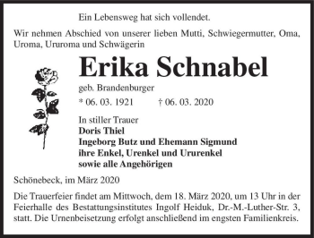 Traueranzeige von Erika Schnabel (geb. Brandenburger)  von Magdeburger Volksstimme
