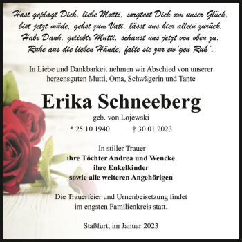 Traueranzeige von Erika Schneeberg (geb. von Lojewski)  von Magdeburger Volksstimme
