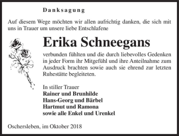 Traueranzeige von Erika Schneegans  von Magdeburger Volksstimme
