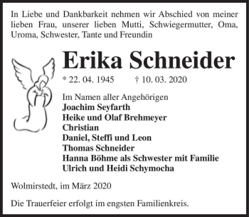 Traueranzeige von Erika Schneider  von Magdeburger Volksstimme