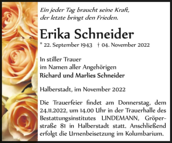 Traueranzeige von Erika Schneider  von Magdeburger Volksstimme