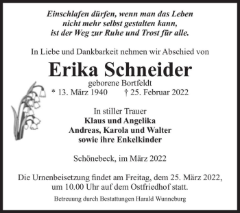 Traueranzeige von Erika Schneider (geb. Bortfeldt)  von Magdeburger Volksstimme