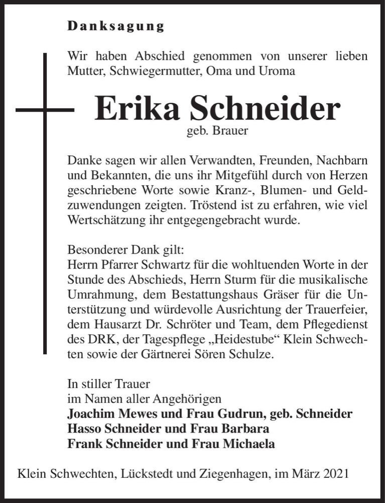  Traueranzeige für Erika Schneider (geb. Brauer)  vom 16.03.2021 aus Magdeburger Volksstimme