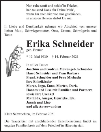 Traueranzeige von Erika Schneider (geb. Brauer)  von Magdeburger Volksstimme