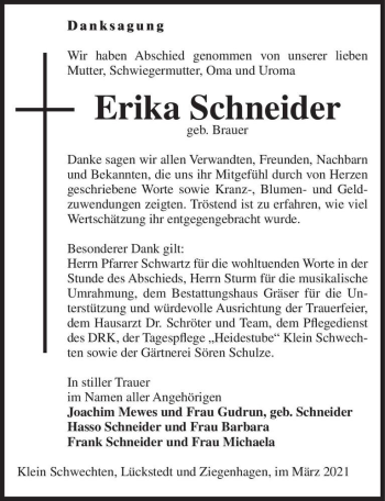 Traueranzeige von Erika Schneider (geb. Brauer)  von Magdeburger Volksstimme