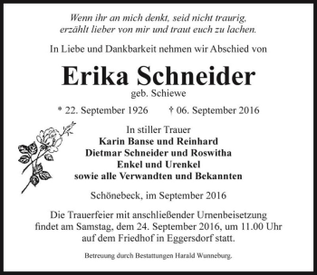 Traueranzeige von Erika Schneider (geb. Schiewe)  von Magdeburger Volksstimme