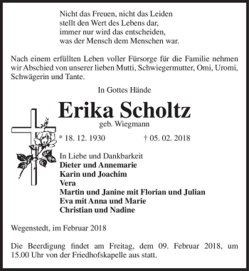 Traueranzeige von Erika Scholtz (geb. Wiegmann)  von Magdeburger Volksstimme