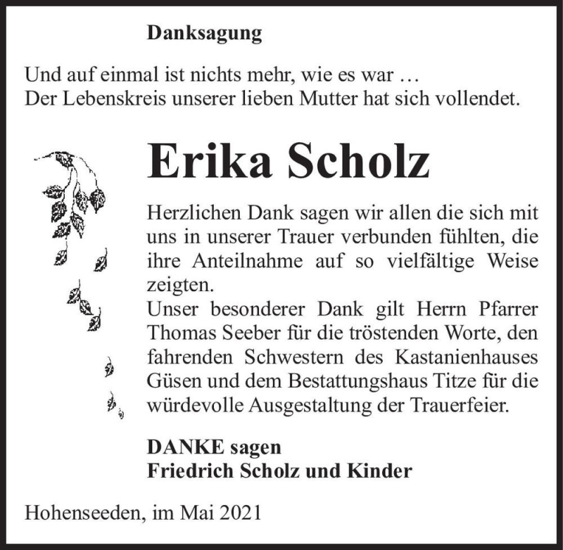  Traueranzeige für Erika Scholz  vom 29.05.2021 aus Magdeburger Volksstimme