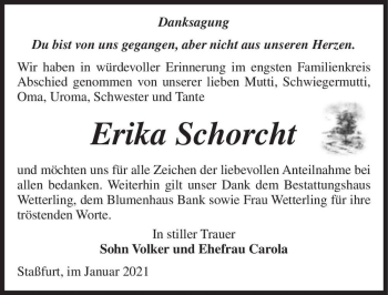 Traueranzeige von Erika Schorcht  von Magdeburger Volksstimme