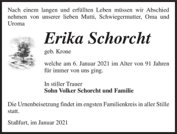 Traueranzeige von Erika Schorcht (geb. Krone)  von Magdeburger Volksstimme