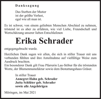 Traueranzeige von Erika Schrader  von Magdeburger Volksstimme