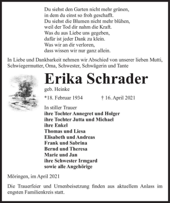 Traueranzeige von Erika Schrader (geb. Heinke)  von Magdeburger Volksstimme