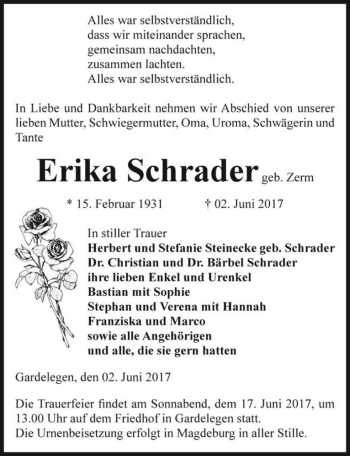 Traueranzeige von Erika Schrader (geb. Zerm)  von Magdeburger Volksstimme