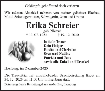 Traueranzeige von Erika Schreier (geb. Nietsch)  von Magdeburger Volksstimme
