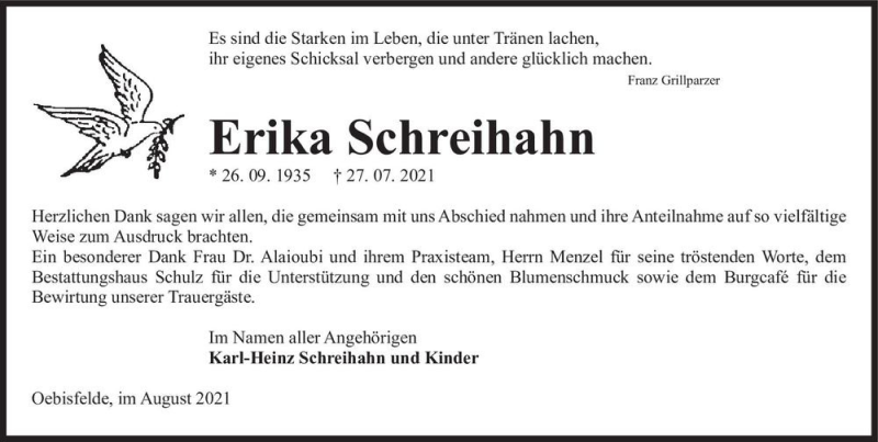  Traueranzeige für Erika Schreihahn  vom 21.08.2021 aus Magdeburger Volksstimme