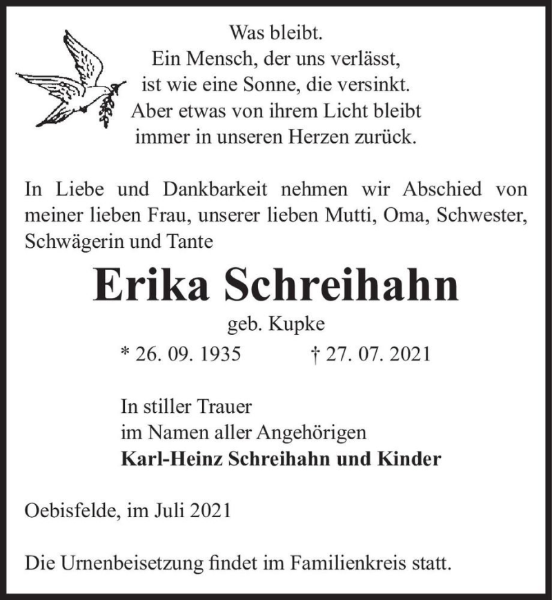  Traueranzeige für Erika Schreihahn (geb. Kupke)  vom 29.07.2021 aus Magdeburger Volksstimme