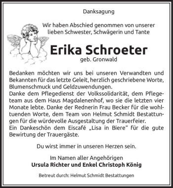 Traueranzeige von Erika Schroeter (geb. Gronwald)  von Magdeburger Volksstimme
