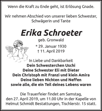 Traueranzeige von Erika Schroeter (geb. Gronwald)  von Magdeburger Volksstimme