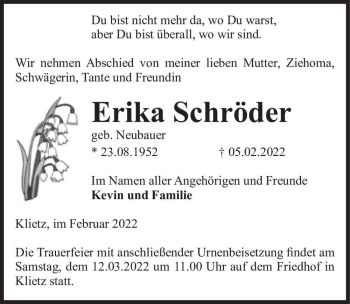 Traueranzeige von Erika Schröder (geb. Neubauer)  von Magdeburger Volksstimme