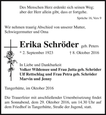 Traueranzeige von Erika Schröder (geb. Peters)  von Magdeburger Volksstimme
