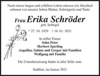 Traueranzeige von Erika Schröder (geb. Schlegel)  von Magdeburger Volksstimme