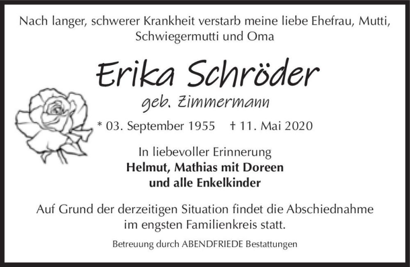  Traueranzeige für Erika Schröder (geb. Zimmermann)  vom 23.05.2020 aus Magdeburger Volksstimme