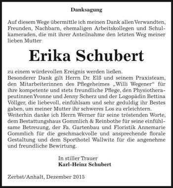 Traueranzeige von Erika Schubert  von Magdeburger Volksstimme