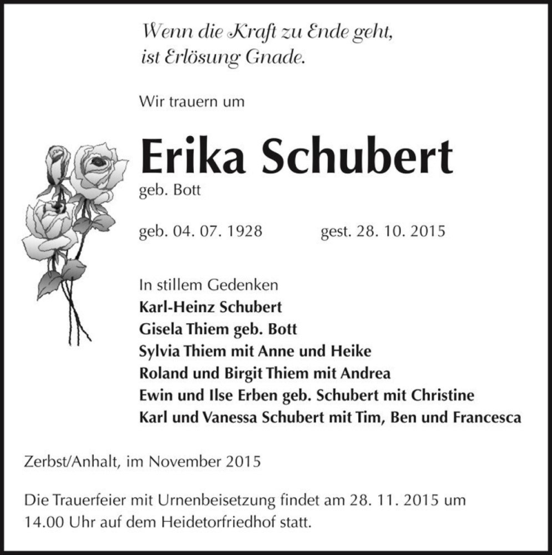  Traueranzeige für Erika Schubert (geb. Bott)  vom 07.11.2015 aus Magdeburger Volksstimme