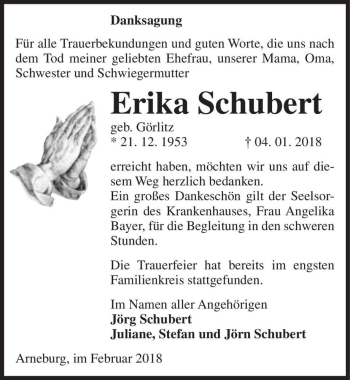 Traueranzeige von Erika Schubert (geb. Görlitz)  von Magdeburger Volksstimme