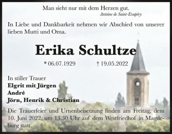 Traueranzeige von Erika Schultze  von Magdeburger Volksstimme