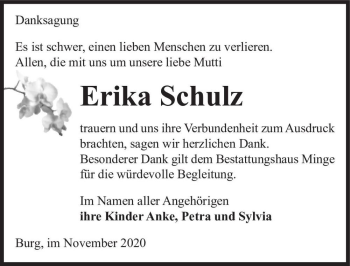 Traueranzeige von Erika Schulz  von Magdeburger Volksstimme