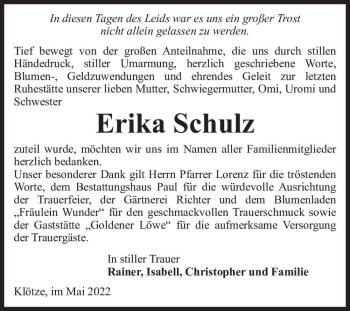 Traueranzeige von Erika Schulz  von Magdeburger Volksstimme