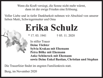 Traueranzeige von Erika Schulz  von Magdeburger Volksstimme