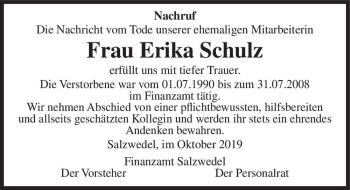 Traueranzeige von Erika Schulz  von Magdeburger Volksstimme