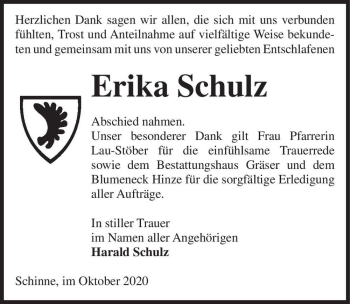Traueranzeige von Erika Schulz  von Magdeburger Volksstimme