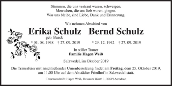 Traueranzeige von Erika Schulz (geb. Baack)  von Magdeburger Volksstimme