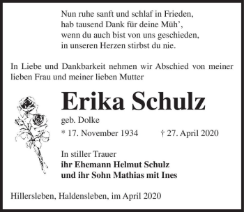 Traueranzeige von Erika Schulz (geb. Dolke)  von Magdeburger Volksstimme