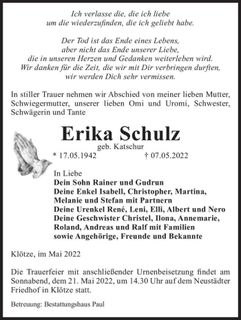 Traueranzeige von Erika Schulz (geb. Katschur)  von Magdeburger Volksstimme