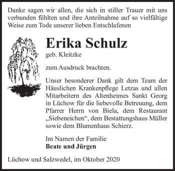 Traueranzeige von Erika Schulz (geb. Kleitzke)  von Magdeburger Volksstimme