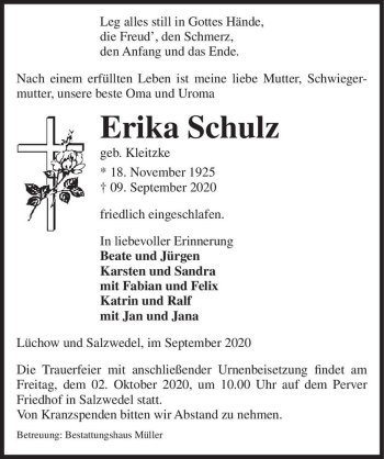Traueranzeige von Erika Schulz (geb. Kleitzke)  von Magdeburger Volksstimme