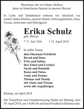 Traueranzeige von Erika Schulz (geb. Mewes)  von Magdeburger Volksstimme