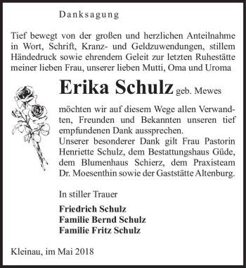 Traueranzeige von Erika Schulz (geb. Mewes)  von Magdeburger Volksstimme