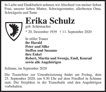Traueranzeige von Erika Schulz (geb. Schirmacher)  von Magdeburger Volksstimme