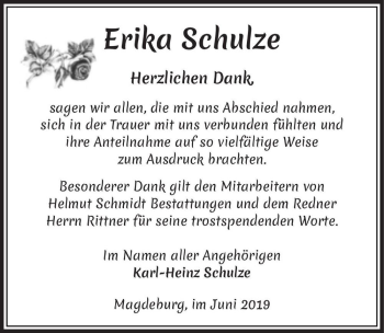 Traueranzeige von Erika Schulze  von Magdeburger Volksstimme