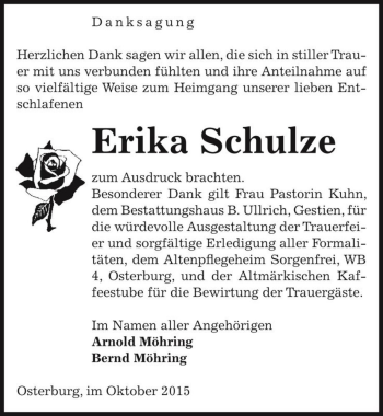Traueranzeige von Erika Schulze  von Magdeburger Volksstimme