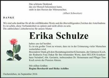 Traueranzeige von Erika Schulze  von Magdeburger Volksstimme